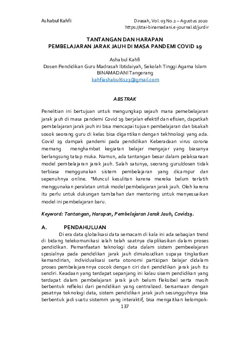(PDF) Tantangan Dan Harapan Pembelajaran Jarak Jauh Di Masa Pandemi ...