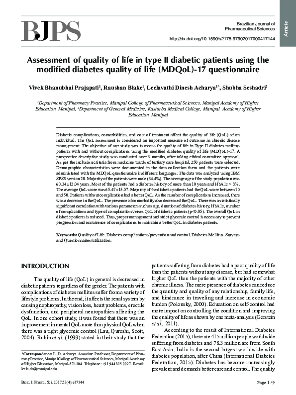 (PDF) Assessment of quality of life in type II diabetic patients using ...