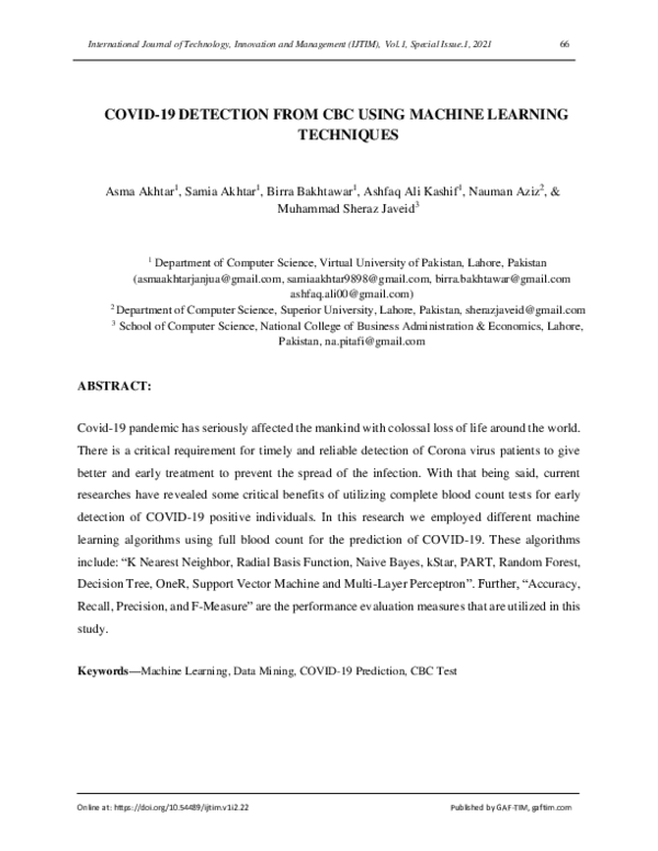 (PDF) COVID-19 Detection from CBC using Machine Learning Techniques