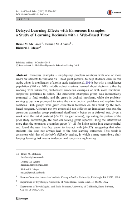 (PDF) Delayed Learning Effects with Erroneous Examples: a Study of ...