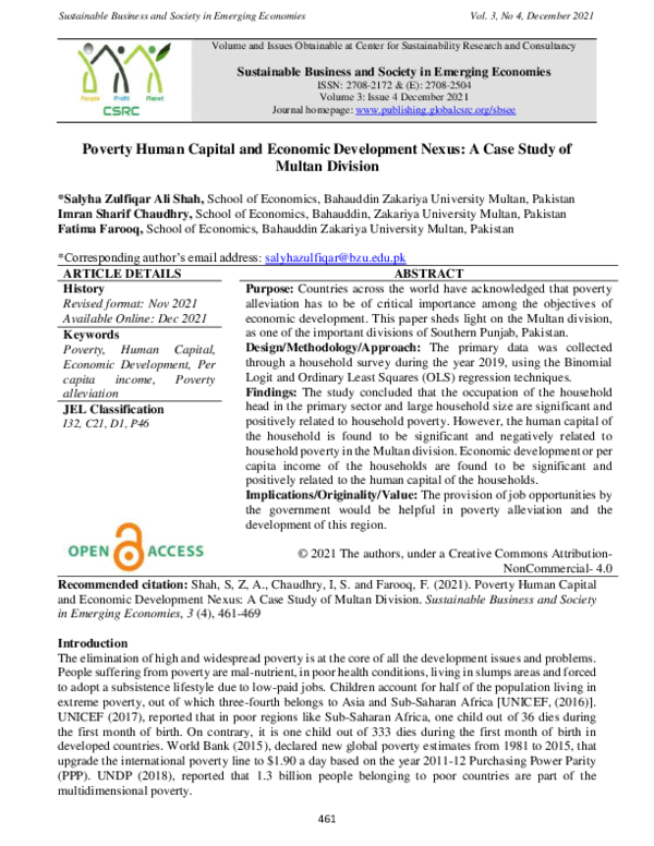 (PDF) Poverty Human Capital and Economic Development Nexus: A Case ...