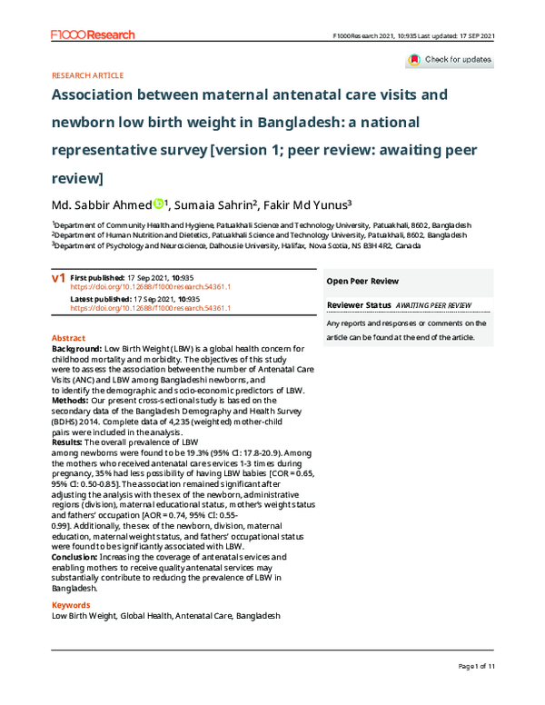 (PDF) Association between maternal antenatal care visits and newborn ...