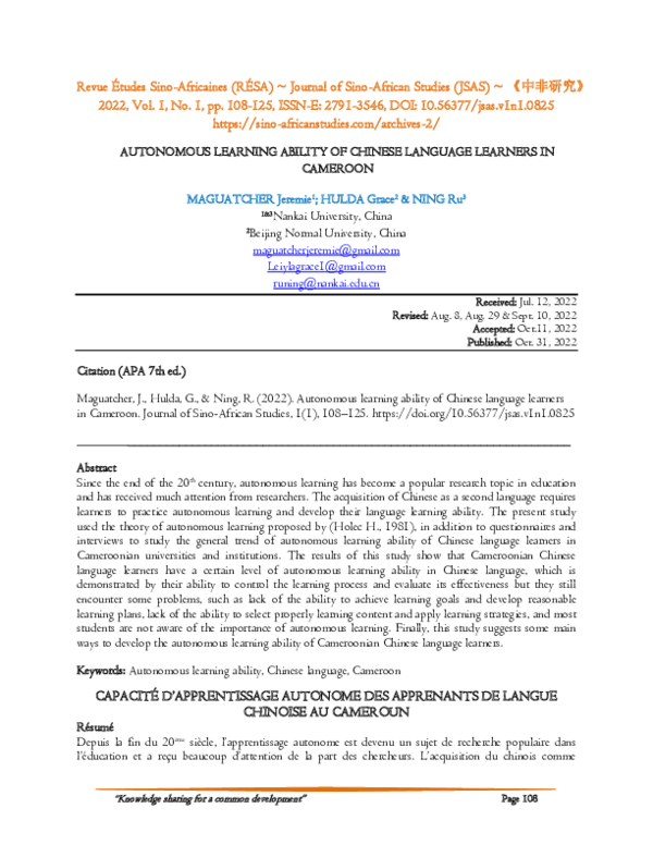 (PDF) Autonomous Learning Ability of Chinese Language Learners in Cameroon
