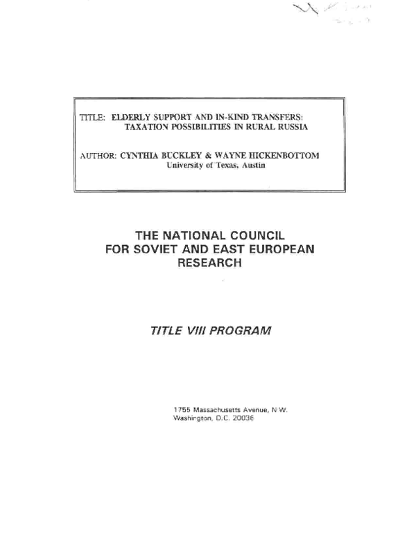 Elderly Support and In-Kind Transfers: Taxation Options in Rural Russia*