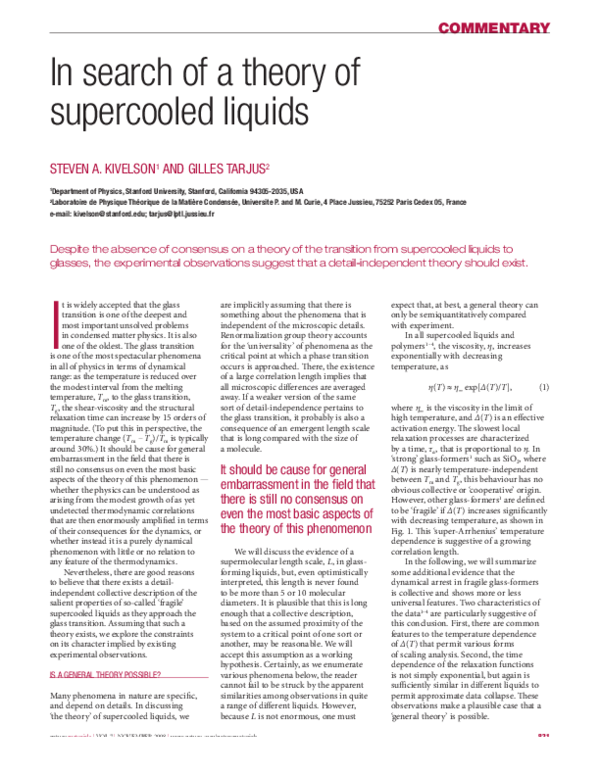 (PDF) In search of a theory of supercooled liquids