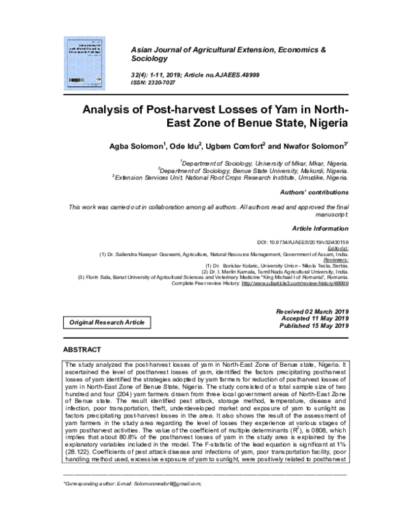 (PDF) Analysis of Post-harvest Losses of Yam in North-East Zone of ...