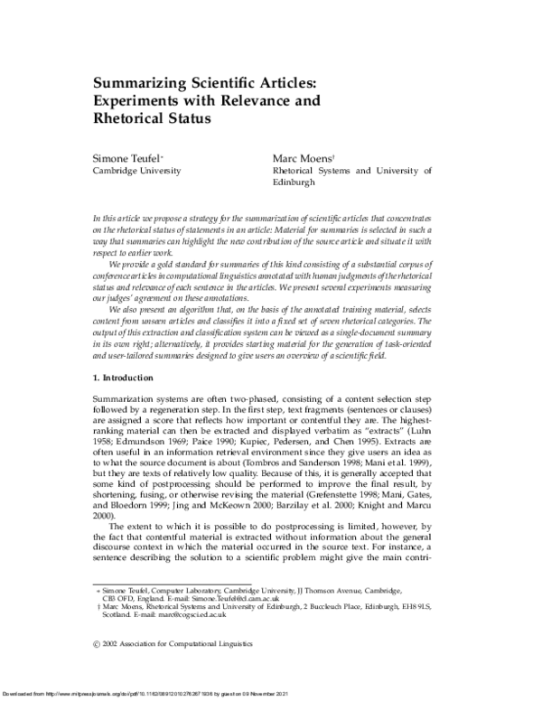 (PDF) Summarizing Scientific Articles: Experiments with Relevance and ...