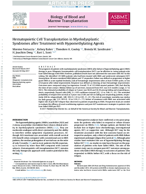 (PDF) Hematopoietic Cell Transplantation in Myelodysplastic Syndromes