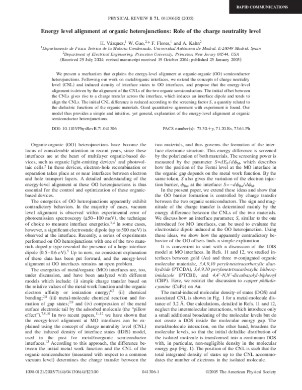(PDF) Energy level alignment at organic heterojunctions: Role of the ...