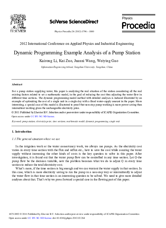 (PDF) Dynamic Programming Example Analysis of a Pump Station
