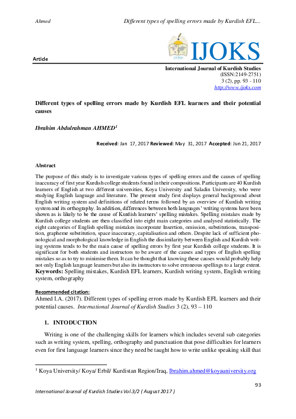 (PDF) Different types of spelling errors made by Kurdish EFL learners ...