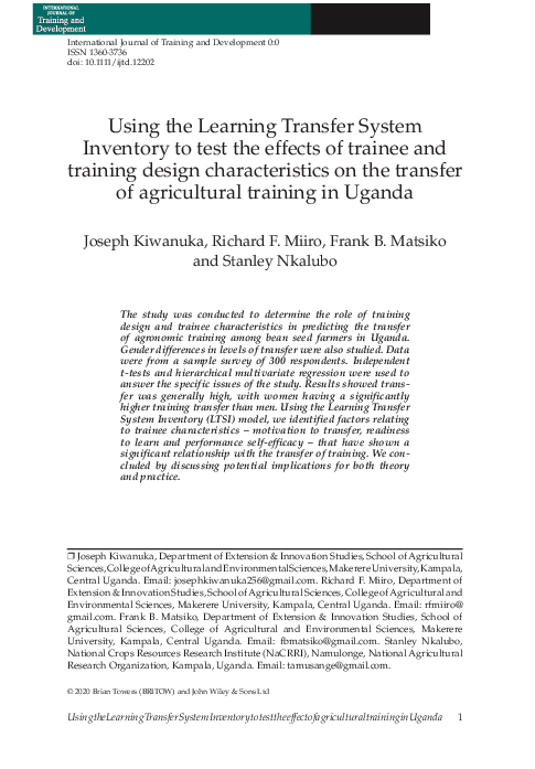 (PDF) Using the Learning Transfer System Inventory to test the effects ...