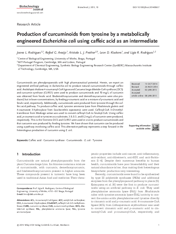 (PDF) Production of curcuminoids from tyrosine by a metabolically ...