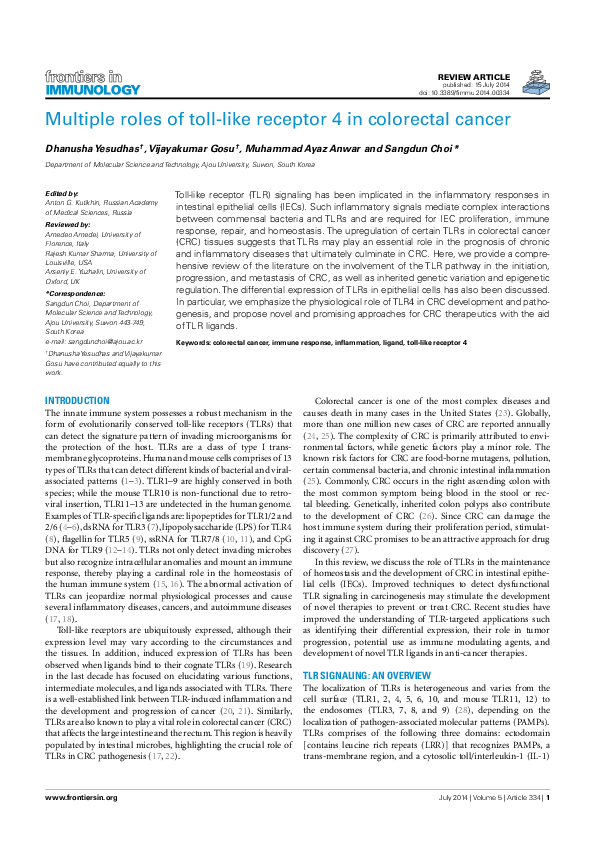 (PDF) Multiple Roles of Toll-Like Receptor 4 in Colorectal Cancer