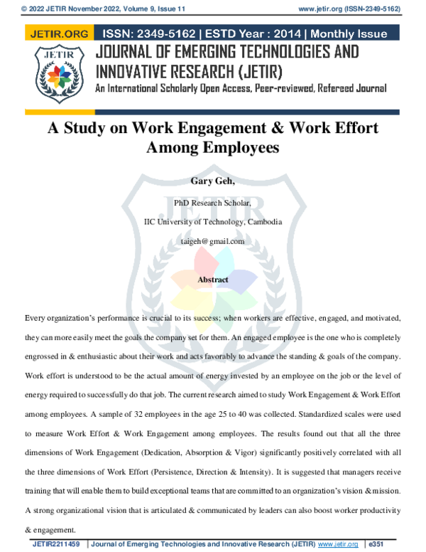 (PDF) A Study on Work Engagement & Work Effort Among Employees