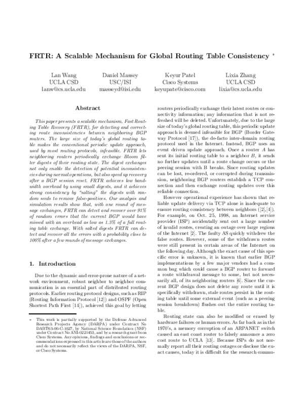 (PDF) FRTR: a scalable mechanism for global routing table consistency