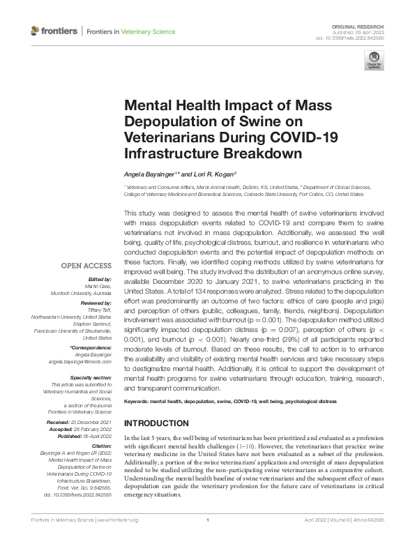 (PDF) Mental Health Impact of Mass Depopulation of Swine on ...