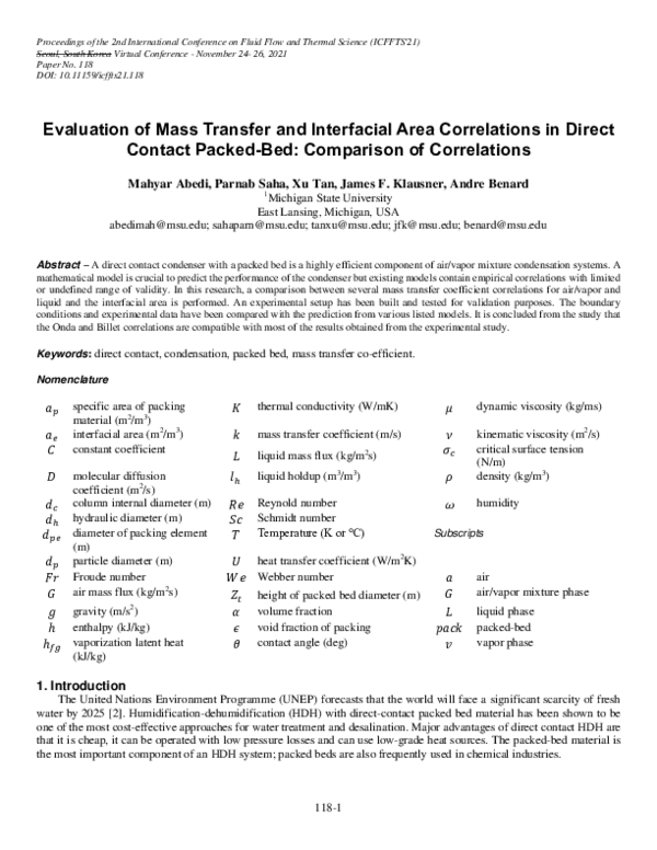 (PDF) Evaluation of Mass Transfer and Interfacial Area Correlations in ...