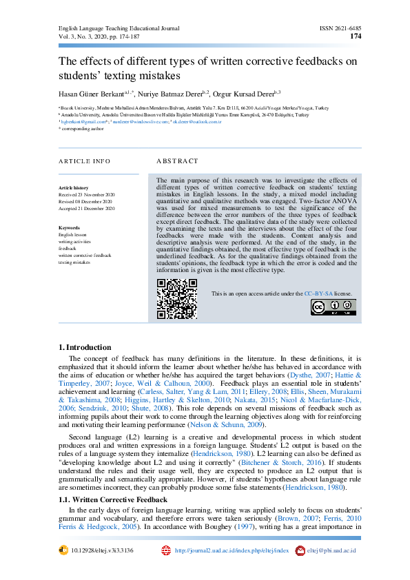 (PDF) The effects of different types of written corrective feedback on ...