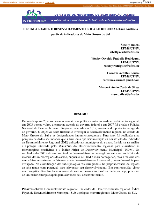 Desigualdades e Desenvolvimento Local e Regional