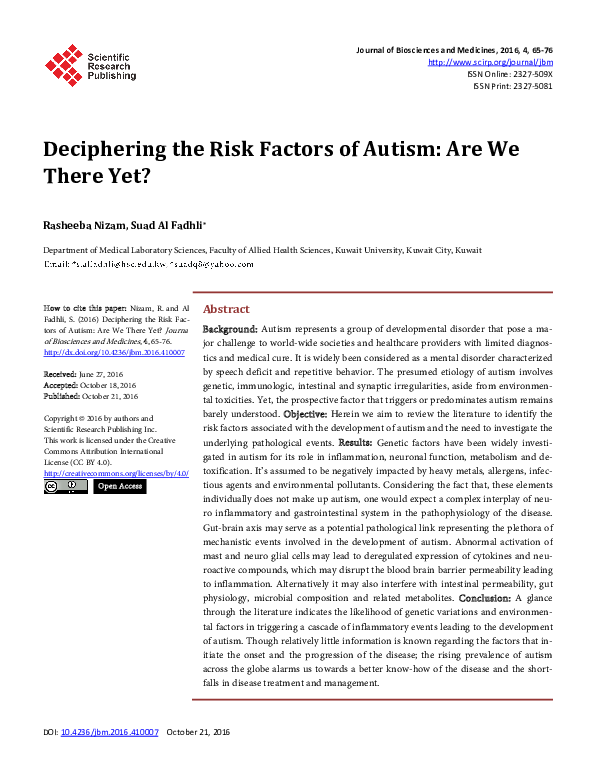 (PDF) Deciphering the Risk Factors of Autism: Are We There Yet?