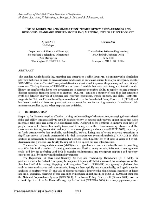 (PDF) Use of Modeling and Simulation in Emergency Preparedness and ...