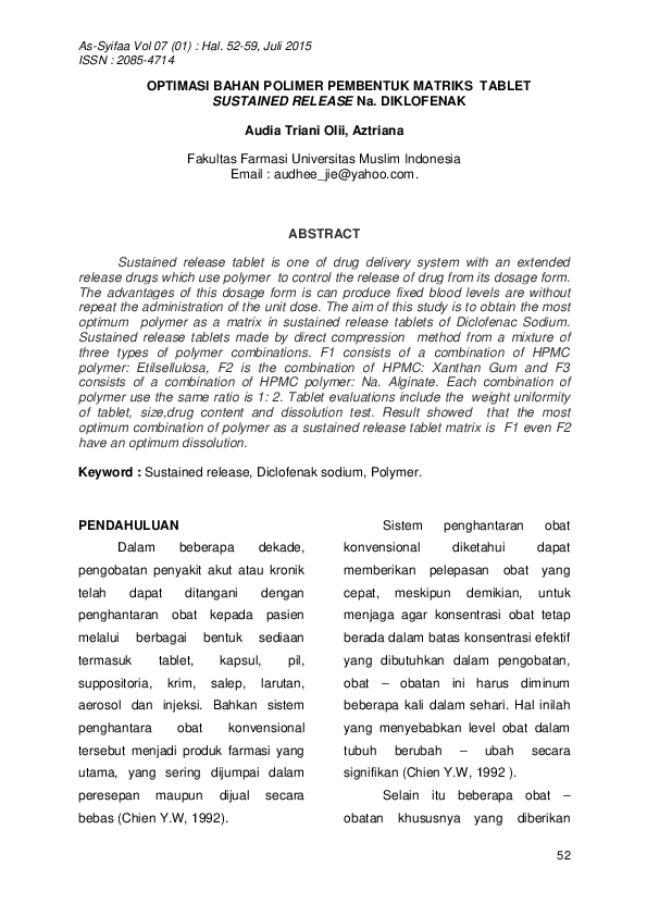 (PDF) OPTIMASI BAHAN POLIMER PEMBENTUK MATRIKS TABLET SUSTAINED RELEASE ...
