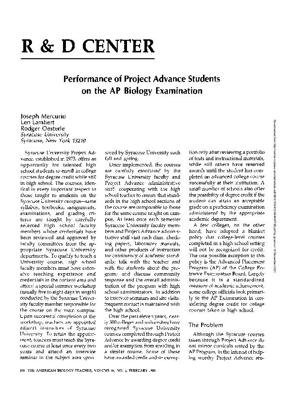 (PDF) Performance of Project Advance Students on the AP Biology Examination