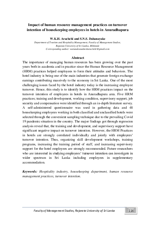 (PDF) Impact of human resource management practices on turnover ...