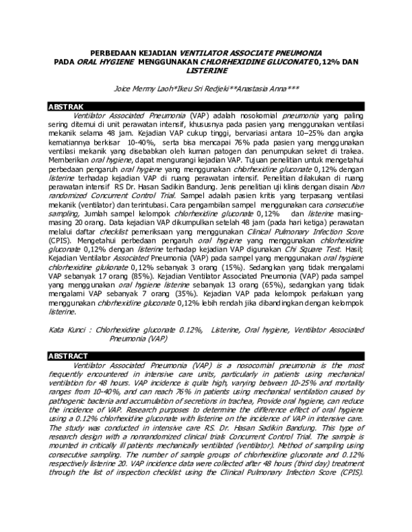 (PDF) Perbedaan Kejadian Ventilator Associate Pneumonia Pada Oral