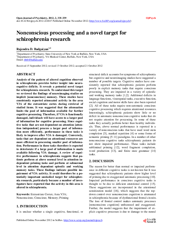 (PDF) Nonconscious processing and a novel target for schizophrenia research
