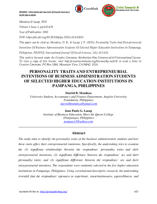 (PDF) Personality Traits and Entrepreneurial Intentions of Business ...