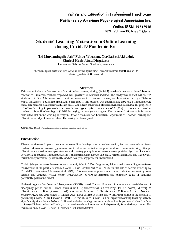 (PDF) Students' Learning Motivation in Online Learning during Covid-19 ...