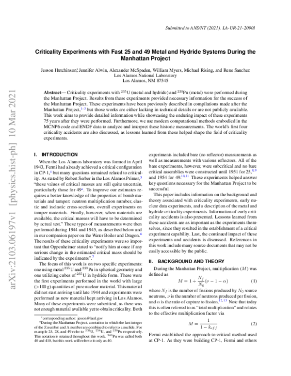 (PDF) Criticality Experiments with Fast 235U and 239Pu Metal and ...