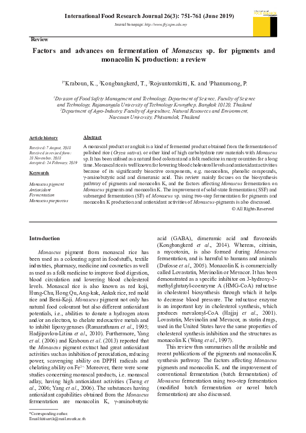 (PDF) Factors and advances on fermentation of Monascus sp. for pigments ...