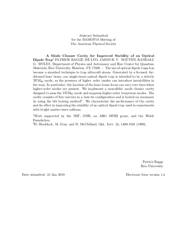 (PDF) A Mode Cleaner Cavity for Improved Stability of an Optical Dipole ...