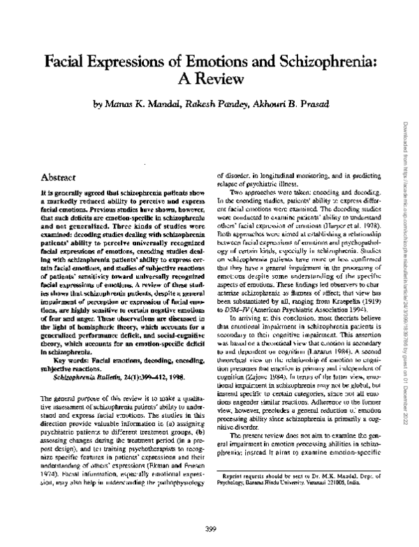 (PDF) Facial Expressions of Emotions and Schizophrenia: A Review