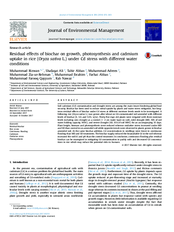 (PDF) Residual effects of biochar on growth, photosynthesis and cadmium ...