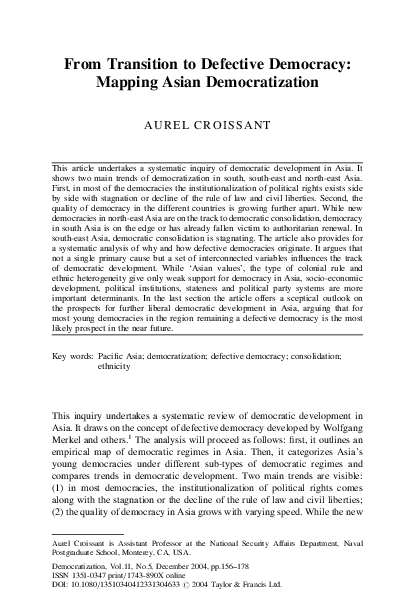(PDF) From transition to defective democracy: mapping Asian democratization