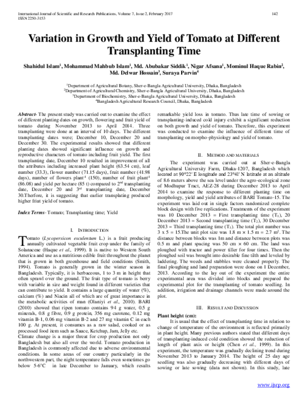(PDF) Variation in Growth and Yield of Tomato at Different ...