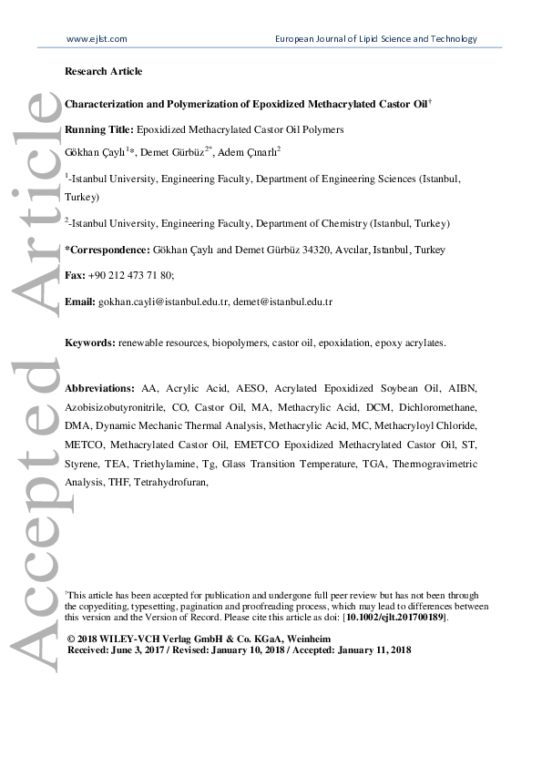 PDF) Characterization and Polymerization of Epoxidized 