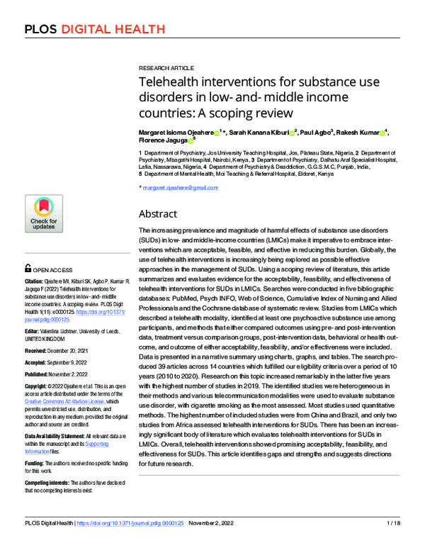 (PDF) Telehealth interventions for substance use disorders in low- and ...