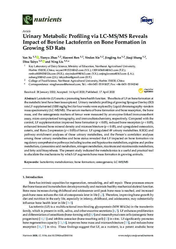 (PDF) Urinary Metabolic Profiling via LC-MS/MS Reveals Impact of Bovine ...