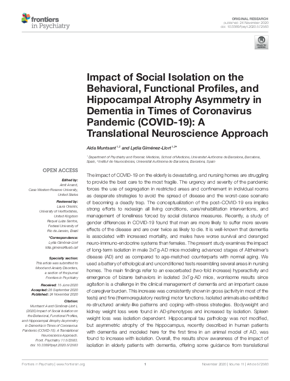 (PDF) Impact of Social Isolation on the Behavioral, Functional Profiles ...