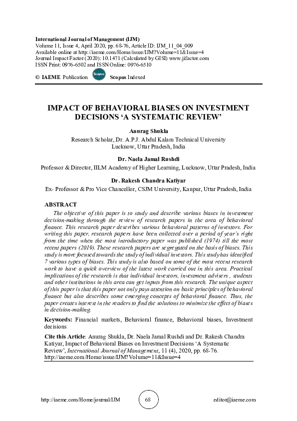 (PDF) Impact of Behavioral Biases on Investment Decision; Moderating ...