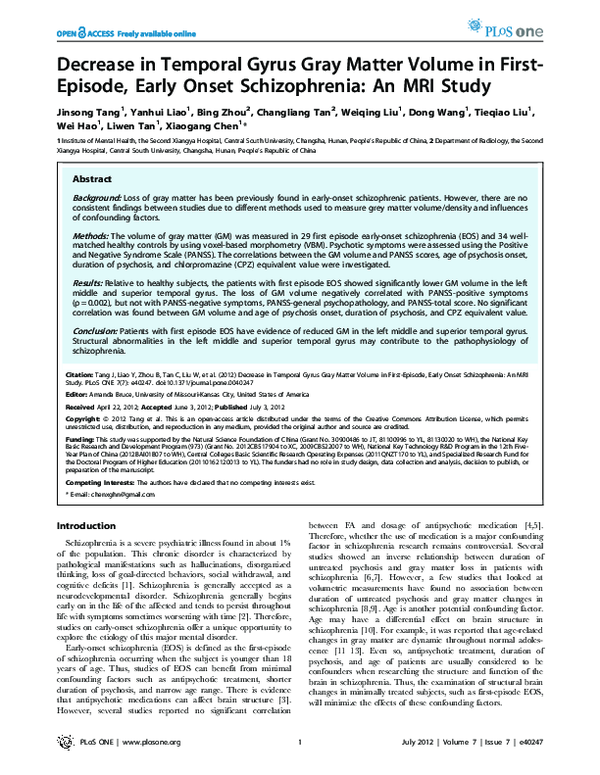 (PDF) Decrease in Temporal Gyrus Gray Matter Volume in First-Episode ...