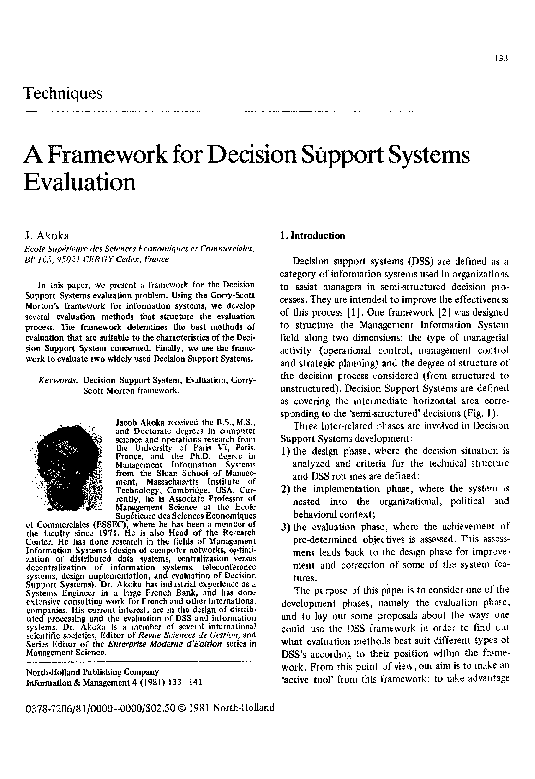 (PDF) A framework for decision support systems evaluation