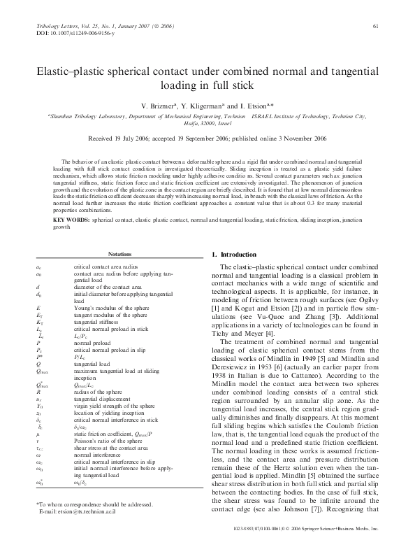 (PDF) Elastic–plastic spherical contact under combined normal and ...