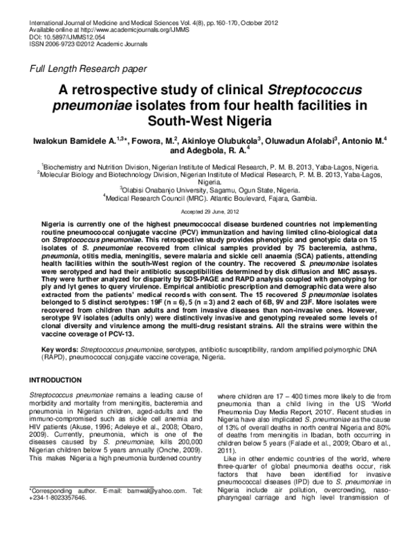 (PDF) A retrospective study of clinical Streptococcus pneumoniae ...