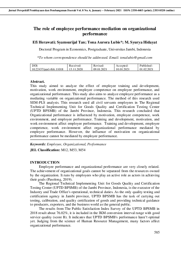 (PDF) The role of employee performance mediation on organizational ...